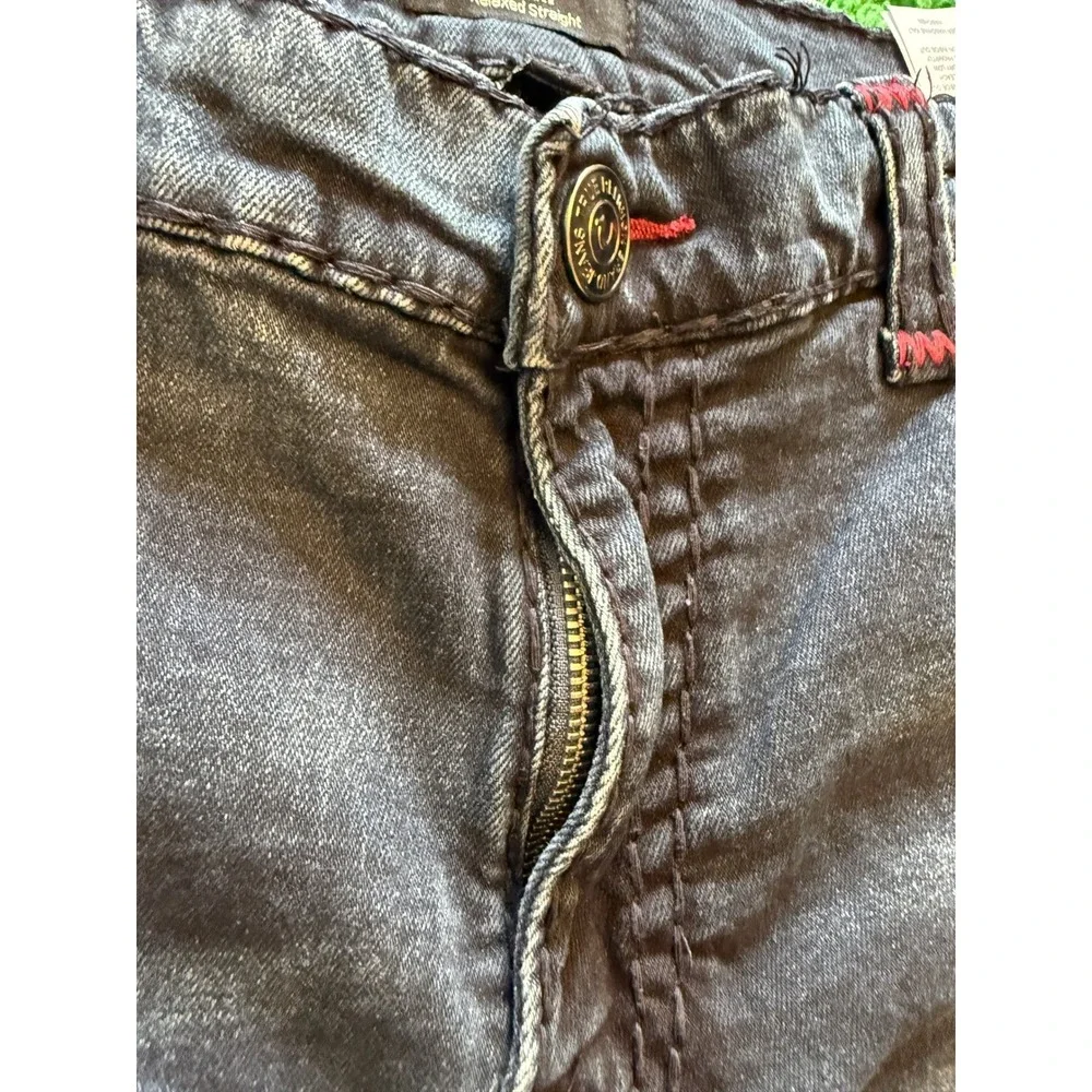 True Religion Geno Jeans Mens 42 Black Excellent Red Stitch Straight Leg Denim